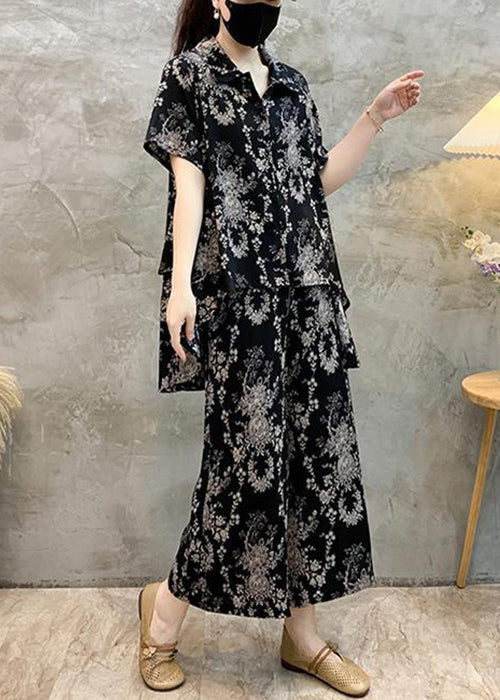 Black Low High Design Cotton Two-piece Set Peter Pan Collar Short Sleeve