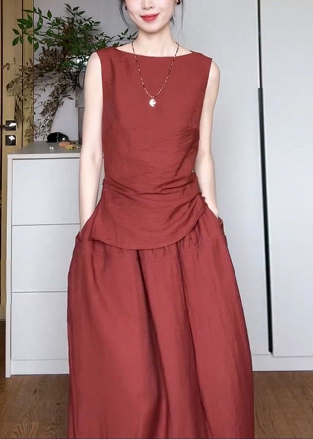 Red Pockets Top and Maxi Skirts Two Piece Set Sleeveless