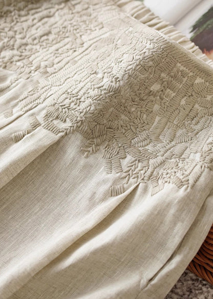 Apricot High Waist Embroidered Linen Wide Leg Pants Fall