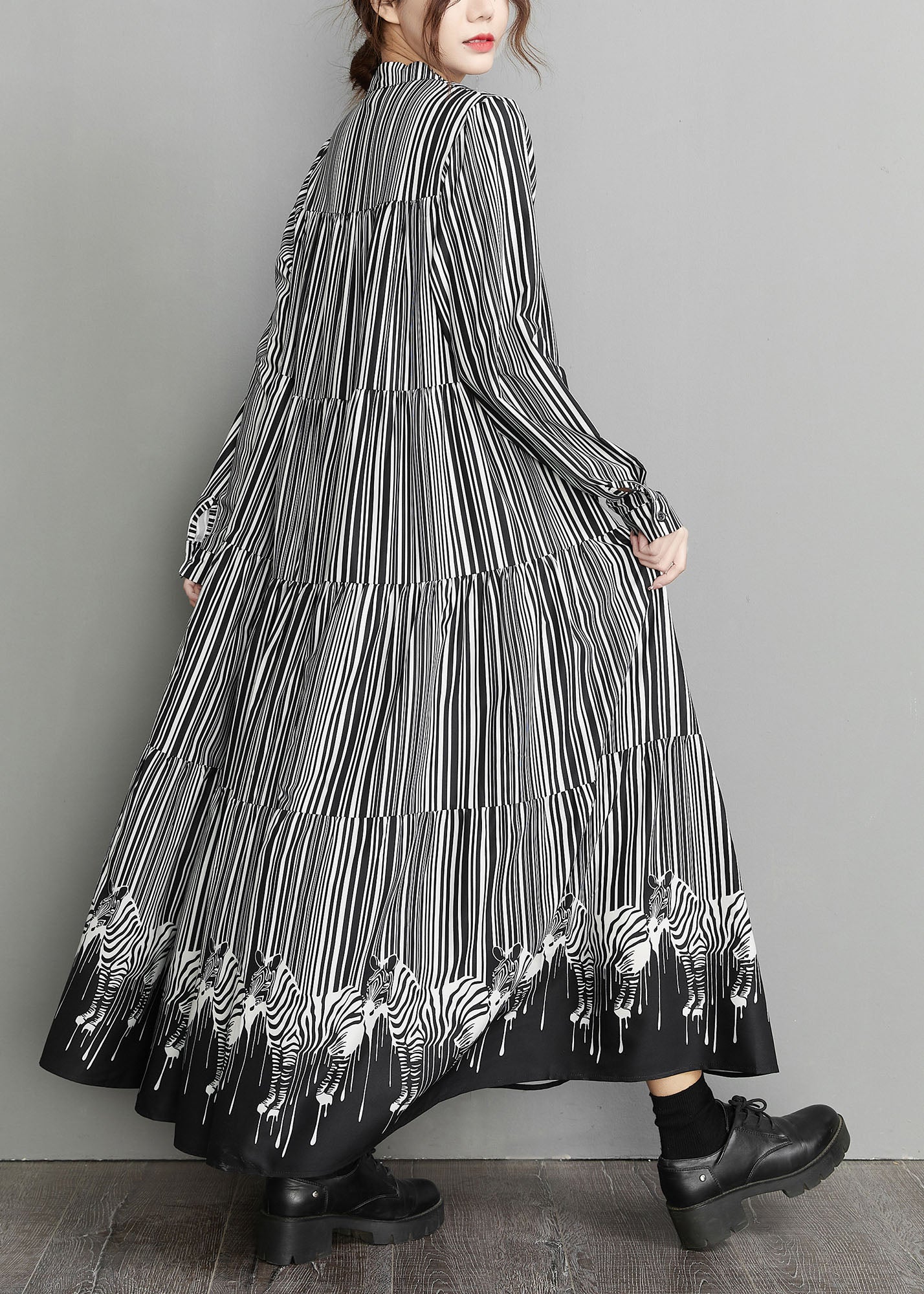 Black Peter Pan Collar Striped Patchwork Dress Spring