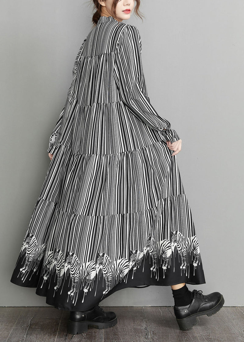 Black Peter Pan Collar Striped Patchwork Dress Spring