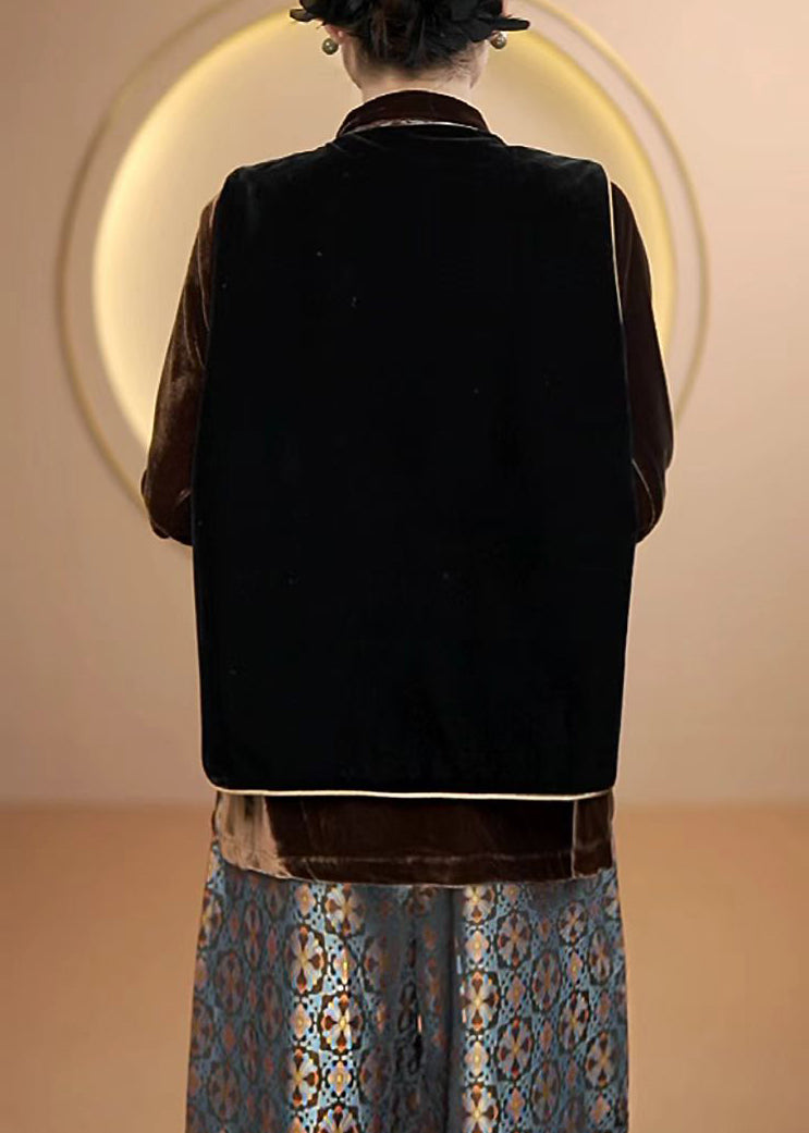 Black O Neck Embroideried Silk Vest Top Sleeveless