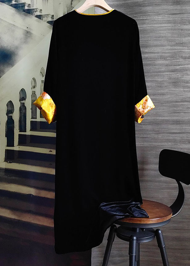 Black Tasseled Patchwork Silk Velour Dress Spring