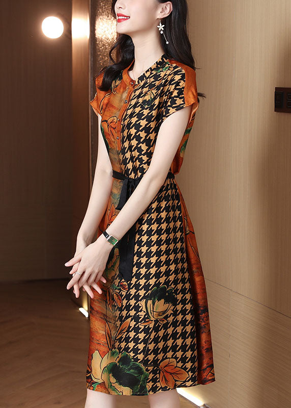Yellow O-neck Print Tie Waist Chiffon Shirt Dress Short Sleeve