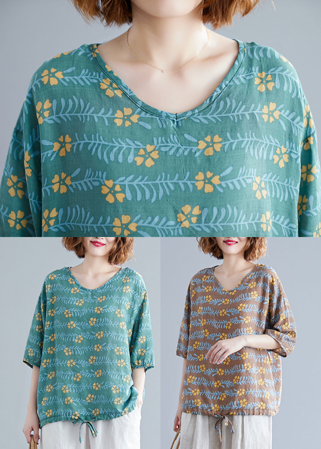 Green V Neck Print Cotton Tanks Short Sleeve