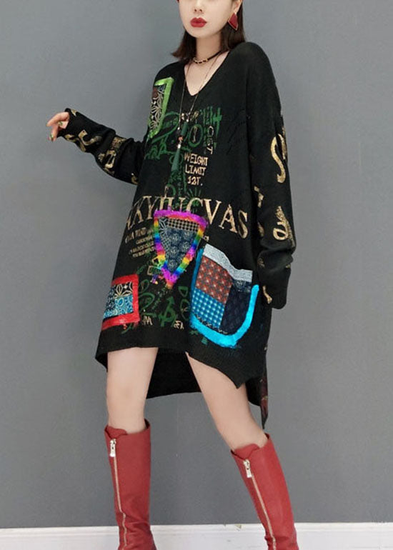 Stylish Black Low High Design Side Open V Neck Print Knit Dresses Spring