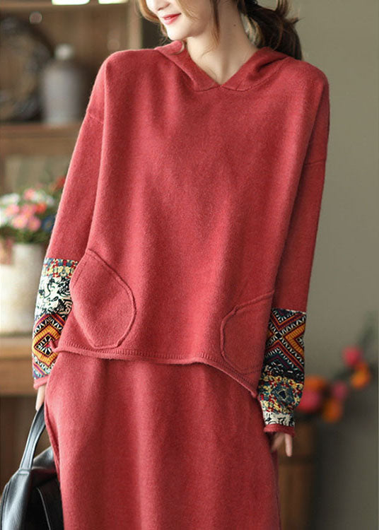 Red Oriental Hooded Knit Fall Two Pieces Set