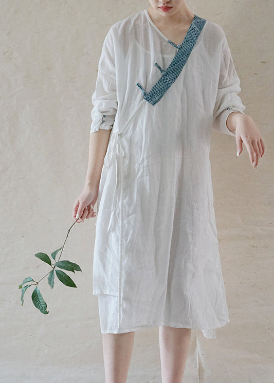 Art White Button Tie Waist Asymmetrical Linen Long Dress Spring