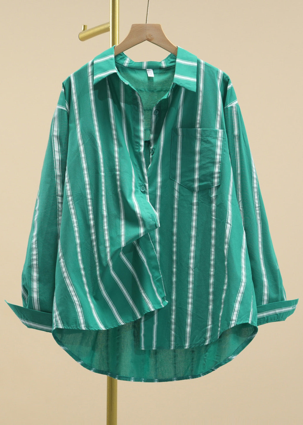 Green Peter Pan Collar Striped Button Cotton Shirt Fall
