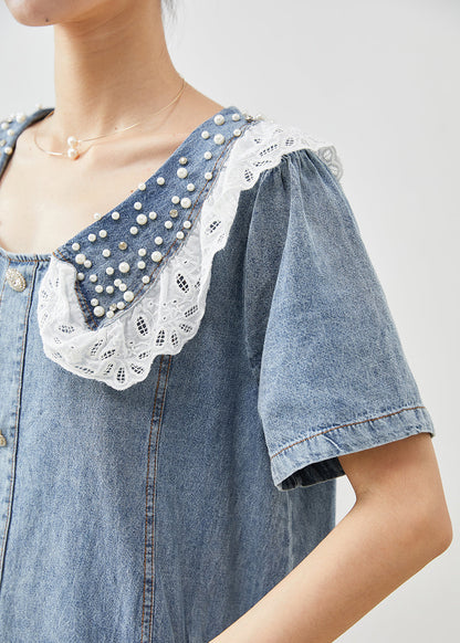 Blue Peter Pan Collar Nail Bead Denim Vacation Dress Summer