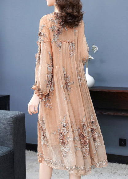Handmade Apricot V Neck Embroideried Silk Maxi Dress Long Sleeve Spring