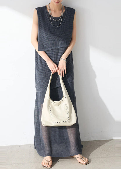 Navy Hollow Out Sheer Tulle Sets 2 Pieces Sleeveless