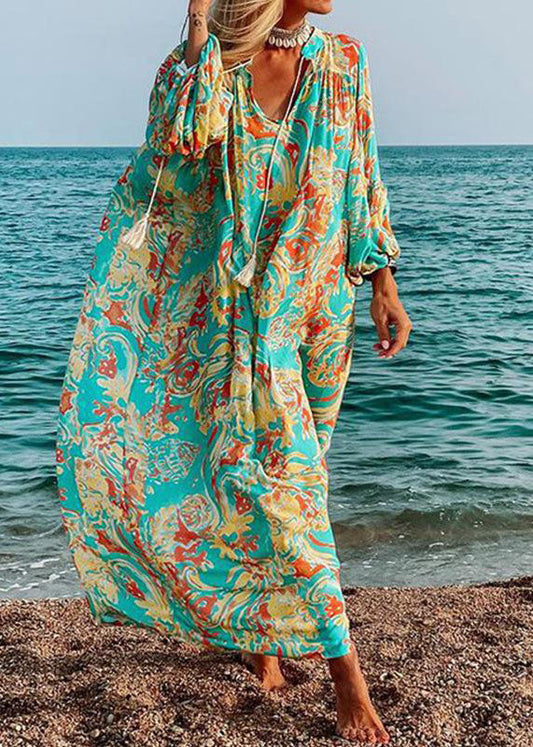 Green Oversized Print Cotton Loose Beach Dresses Long Sleeve