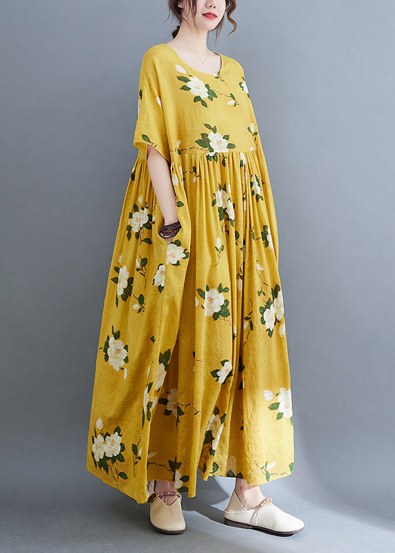 Style Yellow O-neck Cinched Print Long Dresses Short Sleeve