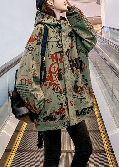 Green Hooded Letter Pockets Cotton Trench Coats Spring