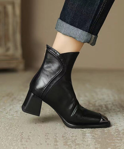 Brown Cowhide Leather Zippered Splicing Chunky Heel Boots