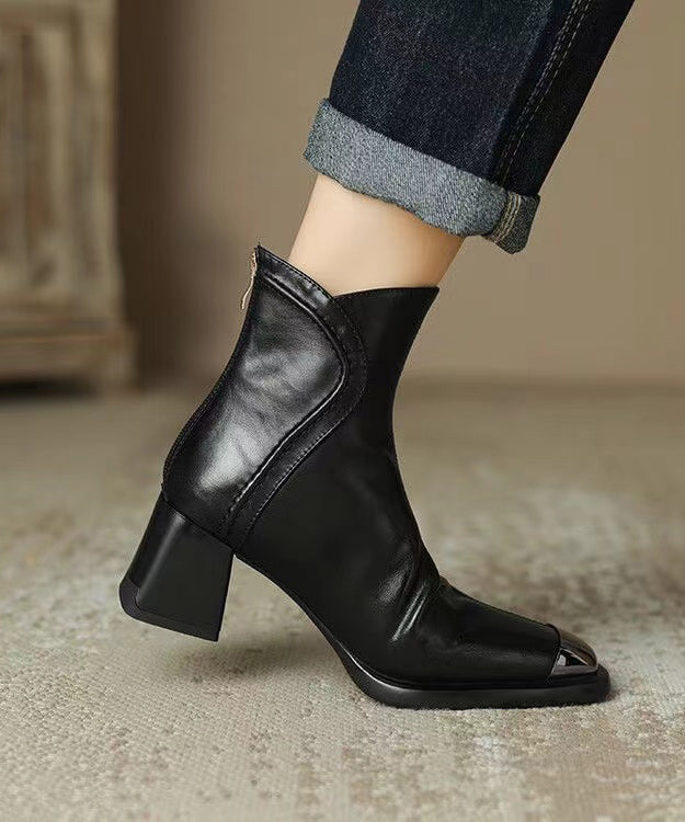 Brown Cowhide Leather Zippered Splicing Chunky Heel Boots
