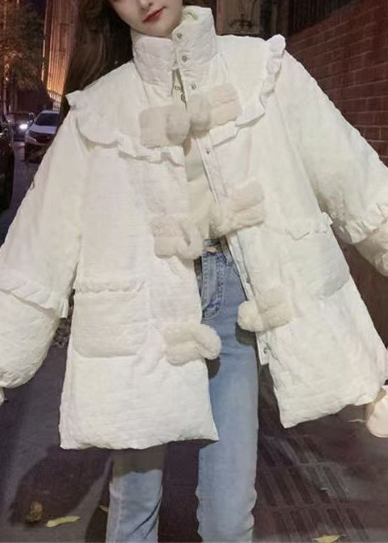 White Ruffled Pockets Patchwork Fine Cotton Filled Coats Winter