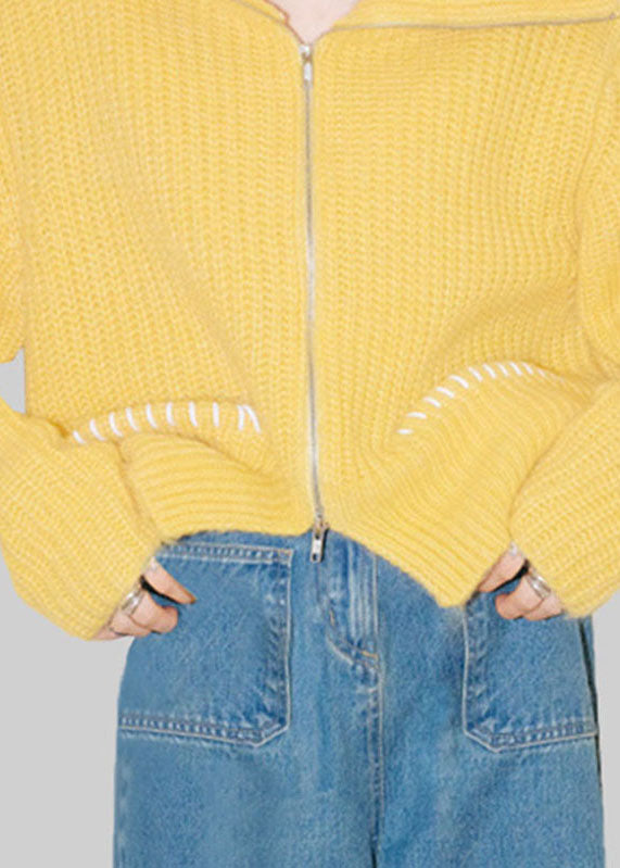 Yellow Peter Pan Collar Zippered Cotton Knit Cardigans Fal