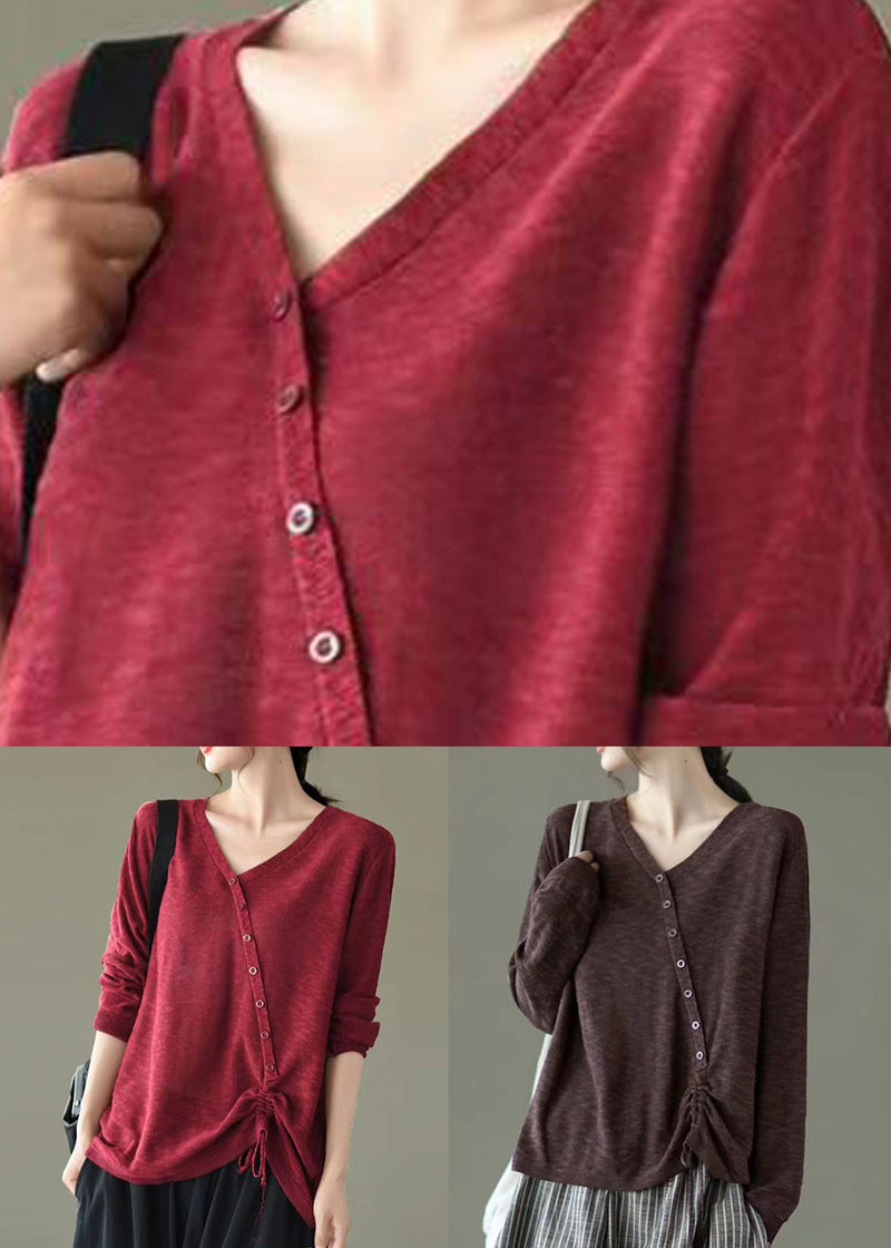 Red V Neck Drawstring Patchwork Knitting Top Fall