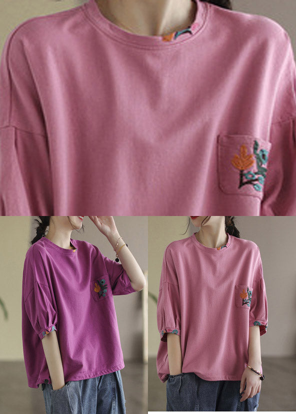 Rose Purple O-neck Pockets T Shirt Half Sleeve