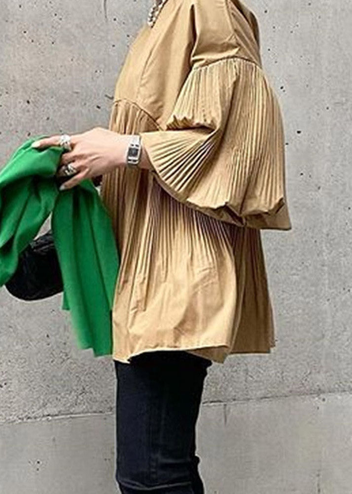 French Khaki O-neck Wrinkled Shirts Flare Sleeve