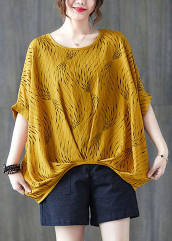 Black Print Cotton Tanks Wrinkled O-neck Batwing Sleeve
