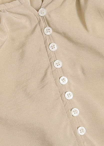 Apricot O Neck Wrinkled Button Cotton Blouse Top Lantern Sleeve