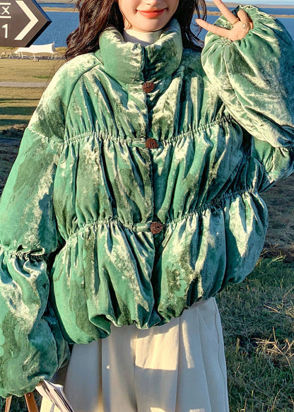 Green Stand Collar Velvet Duck Down Puffers Jackets Winter