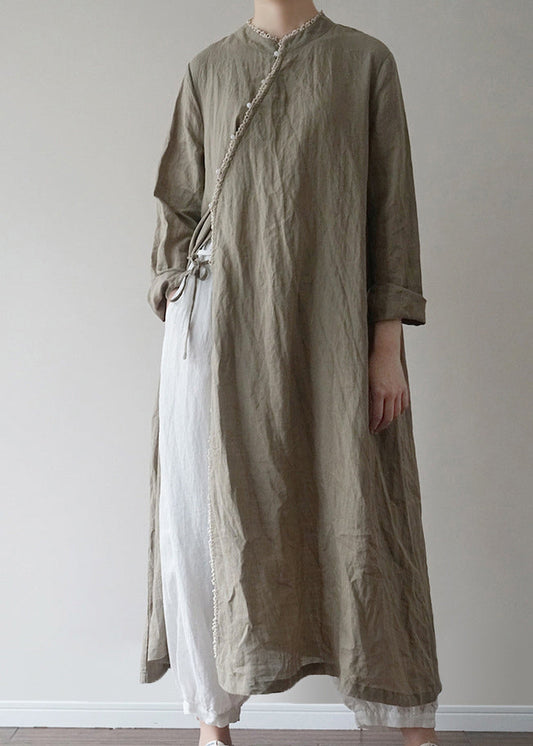 Chinese Style Green Tie Waist Linen Long Dresses Long Sleeve