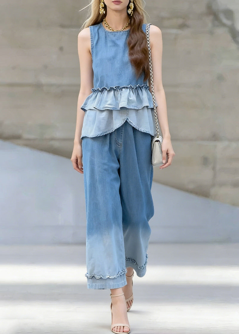 Gradient Color Ruffled Patchwork Denim Two Pieces Set Sleeveless