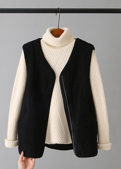 Coffee V Neck Zippered Faux Fur Waistcoat Fall