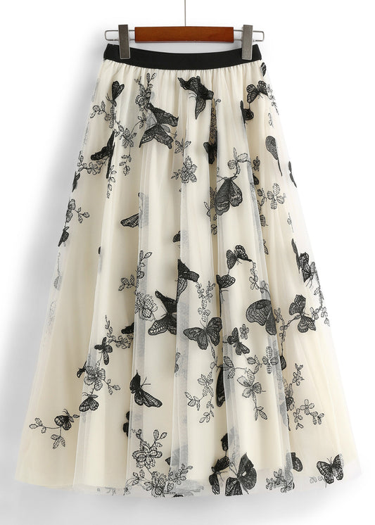 Apricot Butterfly Embroideried Elastic Waist Tulle a Line Skirts Spring