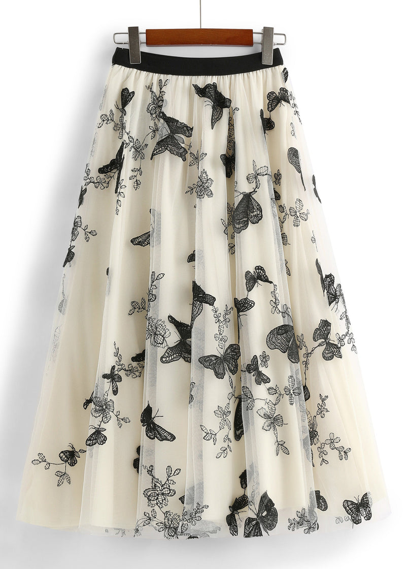 Apricot Butterfly Embroideried Elastic Waist Tulle a Line Skirts Spring