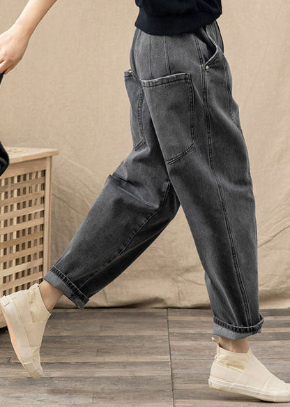 Grey Elastic Waist Pockets Patchwork Cotton Denim Harem Pants Summer