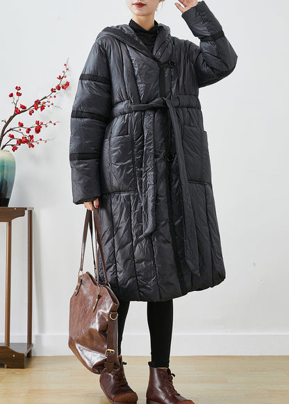 Classy Black Tie Waist Oversized Warm Duck Down Jacket in Winter