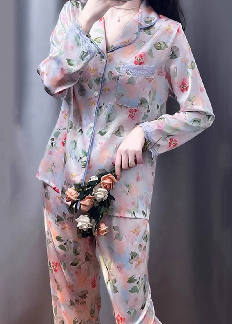 Photo Color Print Pockets Lace Silk Pajamas Two Pieces Set Spring