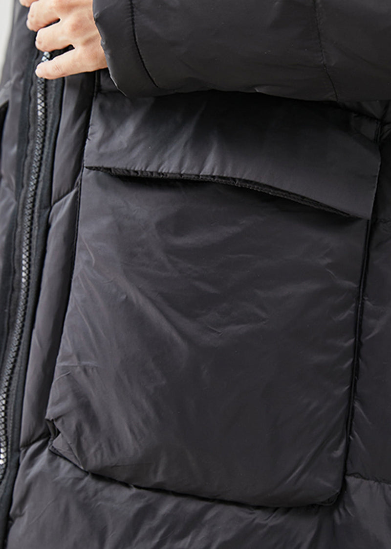 French Black Hooded Big Pockets Duck Down Jacket in Winter