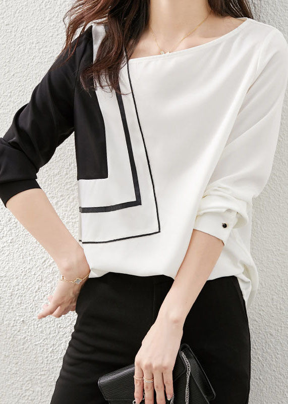Black White Asymmetrical Design Patchwork Chiffon Top Long Sleeve