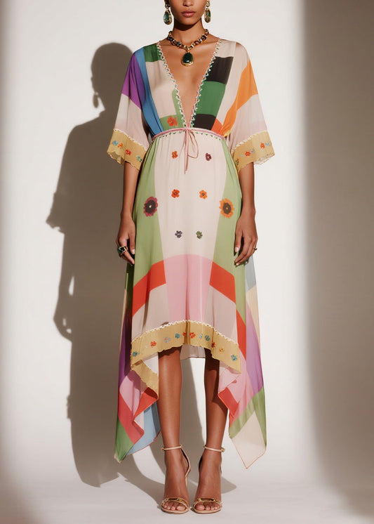 V Neck Print Asymmetrical Chiffon Long Dresses Summer