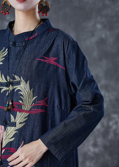 Navy Phoenix Embroideried Chinese Button Denim Trench Fall