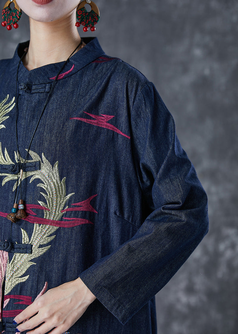 Navy Phoenix Embroideried Chinese Button Denim Trench Fall
