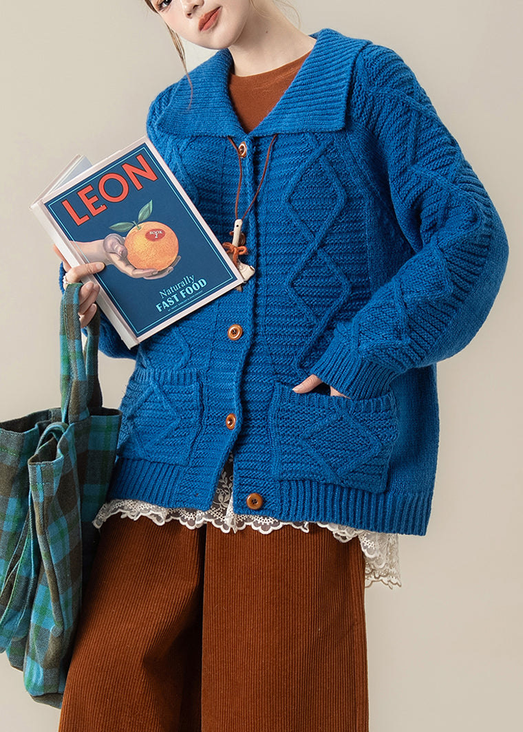 Art Blue Peter Pan Collar Pockets Cable Knit Loose Coat Winter
