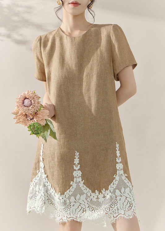 Classy Khaki O-neck Lace Patchwork Mid Dresses Summer