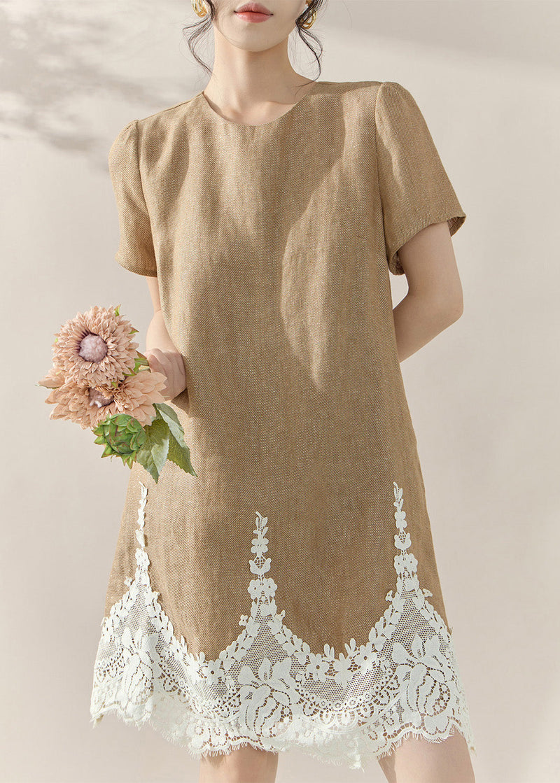 Classy Khaki O-neck Lace Patchwork Mid Dresses Summer