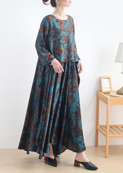 Fine Blue Print Silk Asymmetrical Design Summer Vacation Dresses