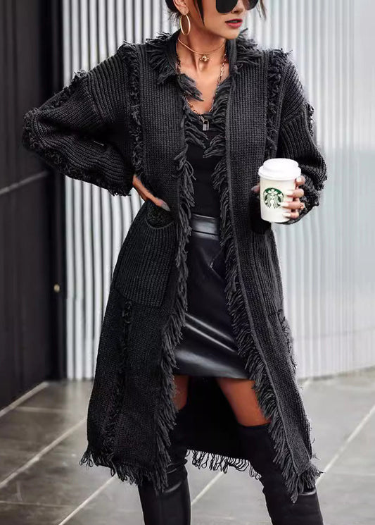 Black Pockets Tassel Long Knit Cardigan Spring