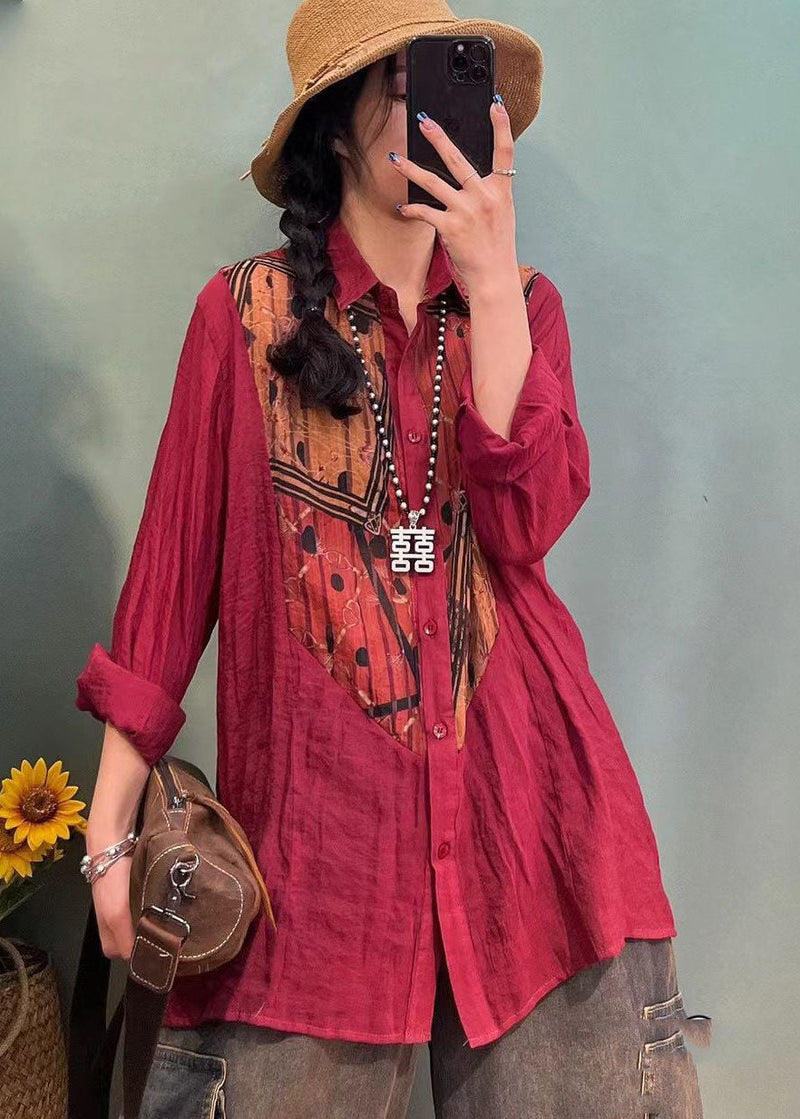 Style Orange Button Peter Pan Collar Print Patchwork Shirt Spring