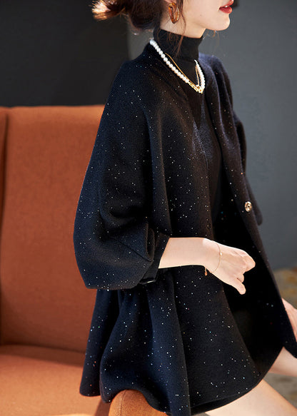 Black Cinched Sequins Knit Loose Coat Winter