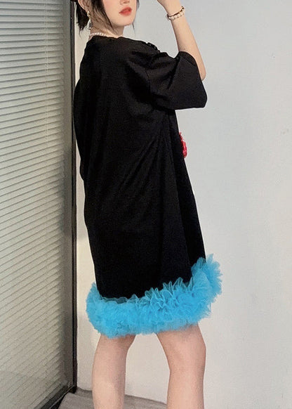 Black Patchwork Cotton T Shirts Dress Ruffled Summer